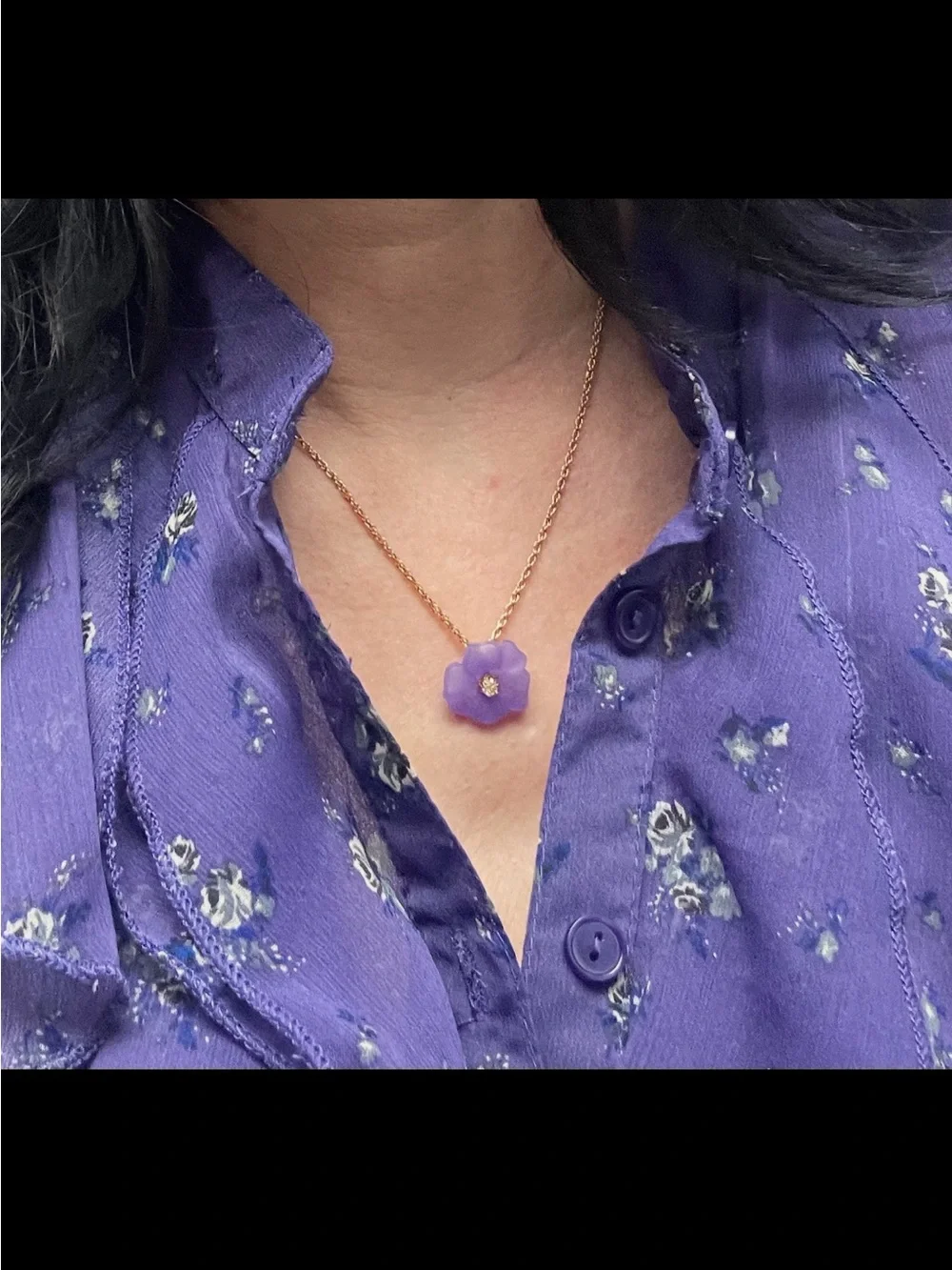 Vintage Purple Flower Pendant Necklace with Crystal Rhinestone Center